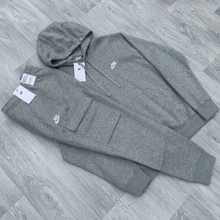 Nike Foundation Club Fleece Cargo Tracksuit Hoodie Joggers Sweatpants - Grey